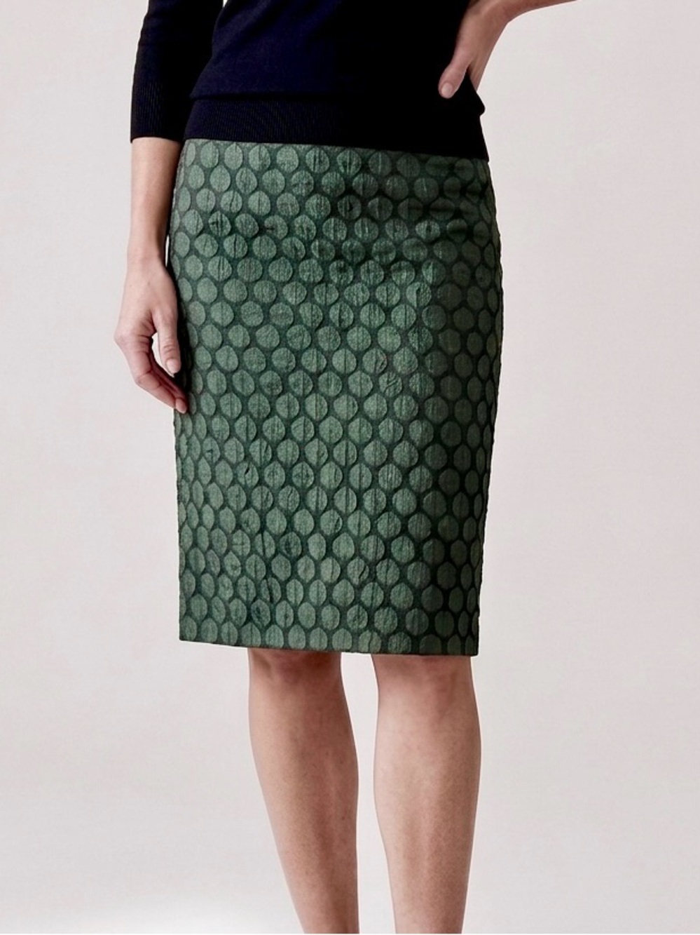 Anthropologie Maeve Goban Green Jacquard Knee-Length Pencil Skirt Size 4
